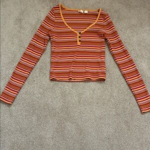 Roxy Striped Long-Sleeve Henley Crop Top - Orange, Red, Pink, Cream